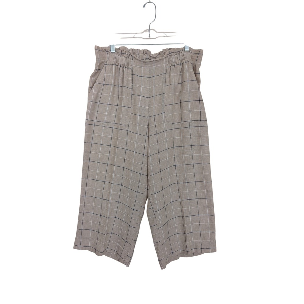 Zac & Rachel Women L Pants Tan Linen Blend Plaid Elastic Waist Wide Leg‎ Cropped